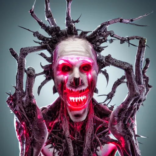 Image similar to a mechanical and human hybrid, fleshy computer clump, clumps of hair, teeth, led, lights, blood, doom monster,