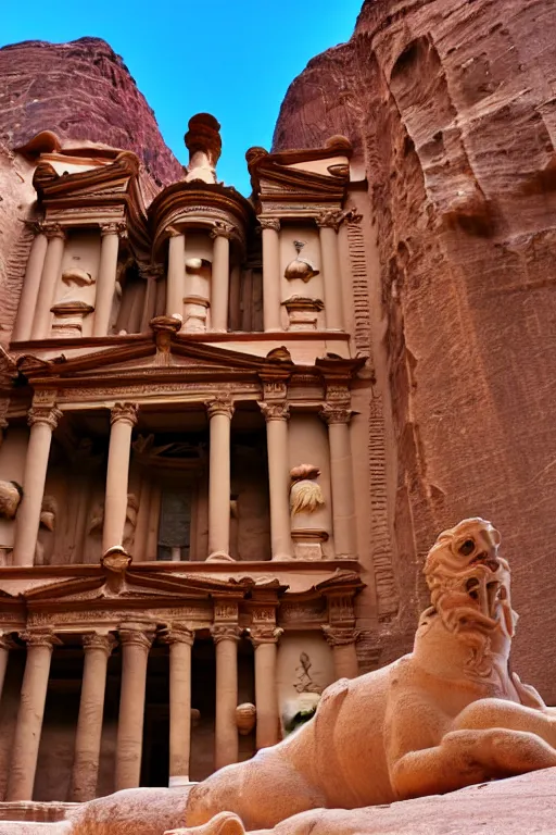 Image similar to “ a vaporwave photo of the ancient city of petra and a roaring griffin statue ”