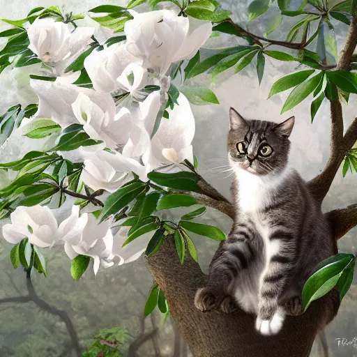 Image similar to cute cat with white magnolia trees inspired by Ferdinand Knab, artstation, 8k, photorealism
