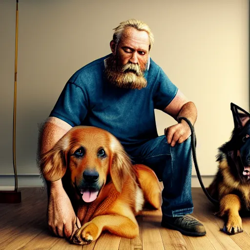 Prompt: a picture of an old man with 2 giant dogs next to him living in a small messy apartment, German shepard and a golden retriever, midwestern redneck life, sharp edges, realistic image, 8k UHD, arnold render, realism, dramatic, HD, high details, poverty