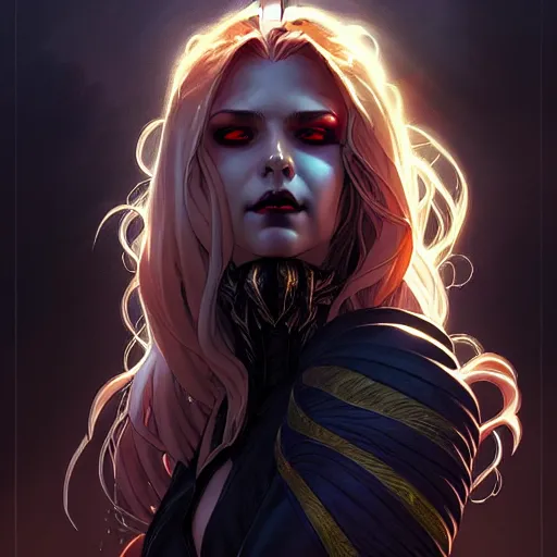 Image similar to An epic fantasy comic book style portrait of a female vampire, stormy setting, movie lightning, intricate, elegant, highly detailed, digital painting, artstation, concept art, matte, sharp focus, illustration, art by Artgerm and Greg Rutkowski and Alphonse Mucha