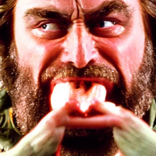 Image similar to film still close up shot of brian blessed swallowing a fish whole