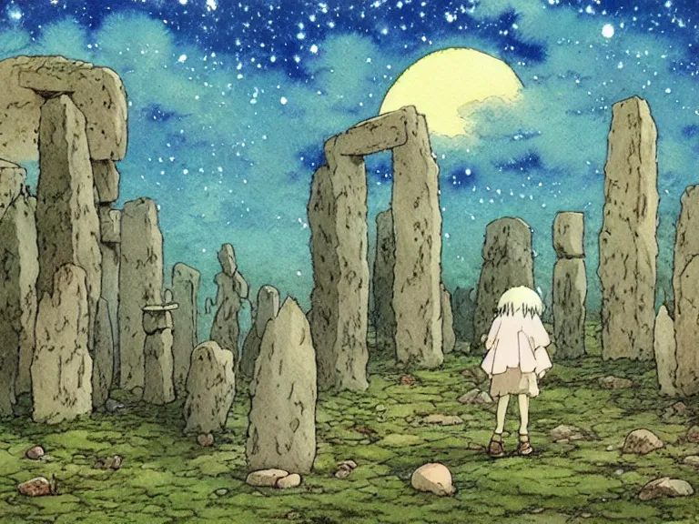 Image similar to a simple watercolor studio ghibli movie still fantasy concept art of a giant wizard playing with stones like they are toys in a tiny stonehenge. it is a misty starry night. by rebecca guay, michael kaluta, charles vess