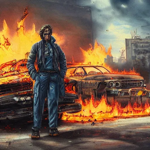 Image similar to the lone wanderer in a dystopian city with wrecked cars and flames, extremely detailed painting