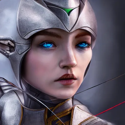 Image similar to robot archer, 8 k, portrait, elven, highly detailed, realistic, professional art, tolkien style elf,