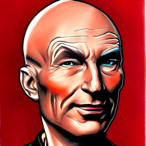 Prompt: a hyper real comic book style portait painting of captain picard with a red dress and lipstick