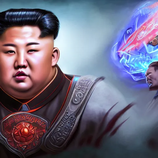 Image similar to portrait of kim - jong un as a spellcaster, league of legends amazing splashscreen artwork, gears of war, propaganda, sovjet, splash art, natural light, elegant, photorealistic facial features, intricate, fantasy, detailed face, atmospheric lighting, anamorphic lens flare, cinematic lighting, league of legends splash art, hd wallpaper, ultra high details by greg rutkowski