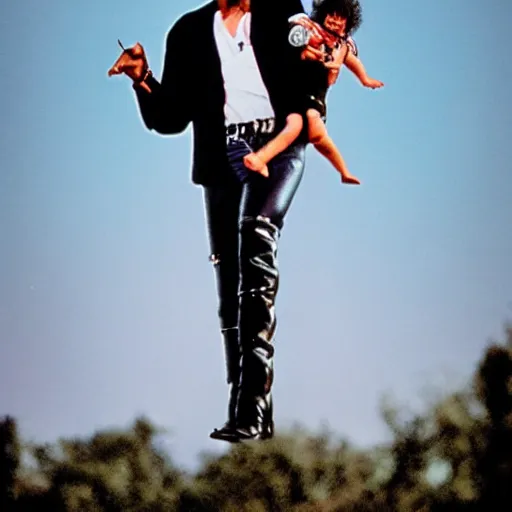 Prompt: michael jackson scream holding a baby on top of tower