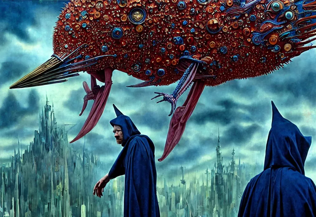 Prompt: realistic detailed portrait movie still of a birdman wearing dark robes, sci fi city landscape background by denis villeneuve, amano, yves tanguy, alphonse mucha, ernst haeckel, max ernst, roger dean, ridley scott, masterpiece, rich moody colours, blue eyes, snarling dog teeth