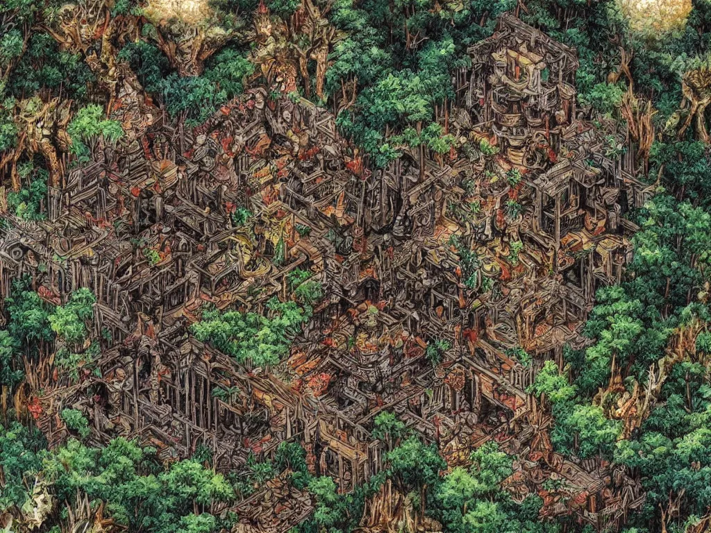Prompt: high ancient elves house in forests in an Aztec Mayan futuristic artwork