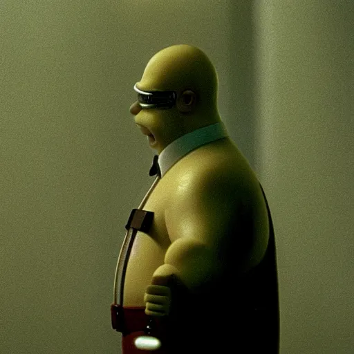 Image similar to cinematic film still of Homer Simpson in the movie The Matrix