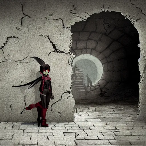 Prompt: a boy victim being intimidated by a succubus in a leather suit, devi wings, cracked brick wall, long hallway, light at the end of the tunnel, volumetric lighting, concept art, detailed, dramatic lighting, by hayao miyazaki