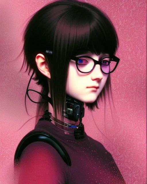 Prompt: portrait of beautiful cute young goth girl with glasses, ( ( white hairs ) ), cyberpunk, high details, neon, art by ( ( ( kuvshinov ilya ) ) ) and wayne barlowe and gustav klimt and artgerm and wlop and william - adolphe bouguereau and greg rutkowski