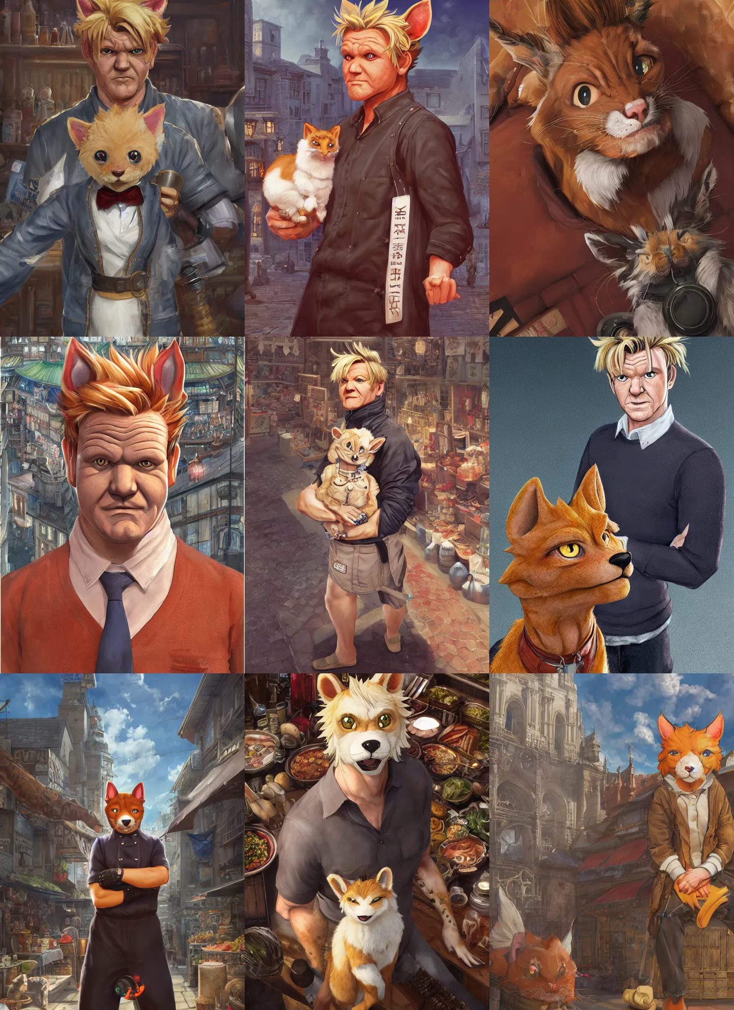 Prompt: full body character anthro fursona portrait of gordon ramsay with gorgeous detailed eyes in the marketplace in the sky, color page, tankoban, 4 k, tone mapping, doll, akihiko yoshida, james jean andrei riabovitchev marc simonetti, yoshitaka amano, h. hydrochaeris