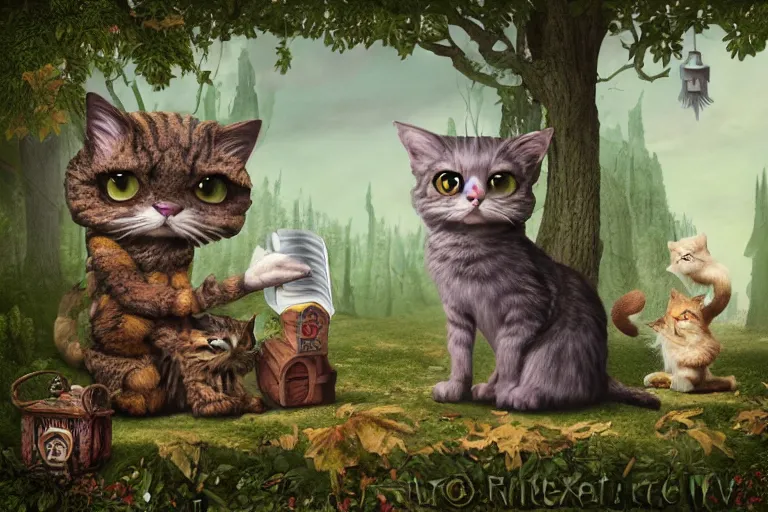 Prompt: old wizard cat and his forest furry creature matte painting, 3 d highly detailed, in the style of mark ryden