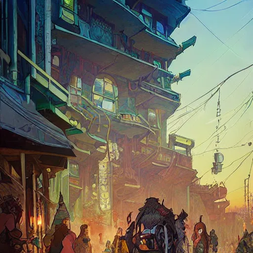 Prompt: Tlingit Maori solarpunk post-apocalyptic city street scene by Greg Rutkowski, Alphonse Mucha, Anato Finnstark, and Studio Ghibli