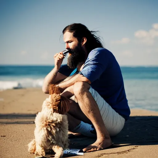 Image similar to bearded italian man with long hair smoking a cigarette on the beach, sitting next to his dog