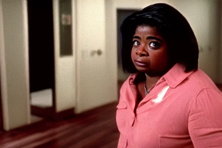 Image similar to cinematic shot from a 1 9 8 5 paranoid thriller, screenshot of octavia spencer removes a small hearing device with tweezers from her left ear, apartment set in the near future, film directed by stanley kubrick, anamorphic lenses, color theory, apartment design, leading lines, photorealistic, volumetric lighting