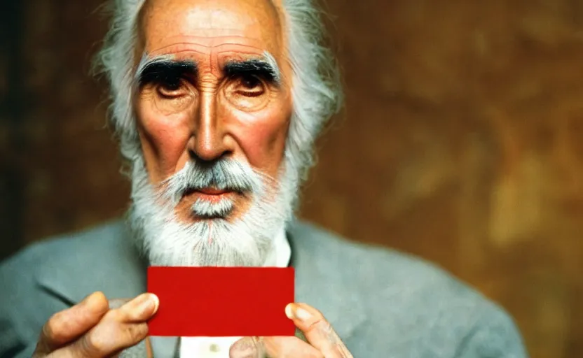 Image similar to movie still close-up portrait of Christopher Lee as a Victorian inventor proudly holding a small red plastic perforated card, by David Bailey, Cinestill 800t 50mm eastmancolor, heavy grainy picture, very detailed, high quality, 4k, HD criterion, precise texture and facial expression