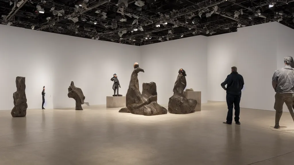 Prompt: gallery view, new sculptures by paul mccarthy and ron mueck