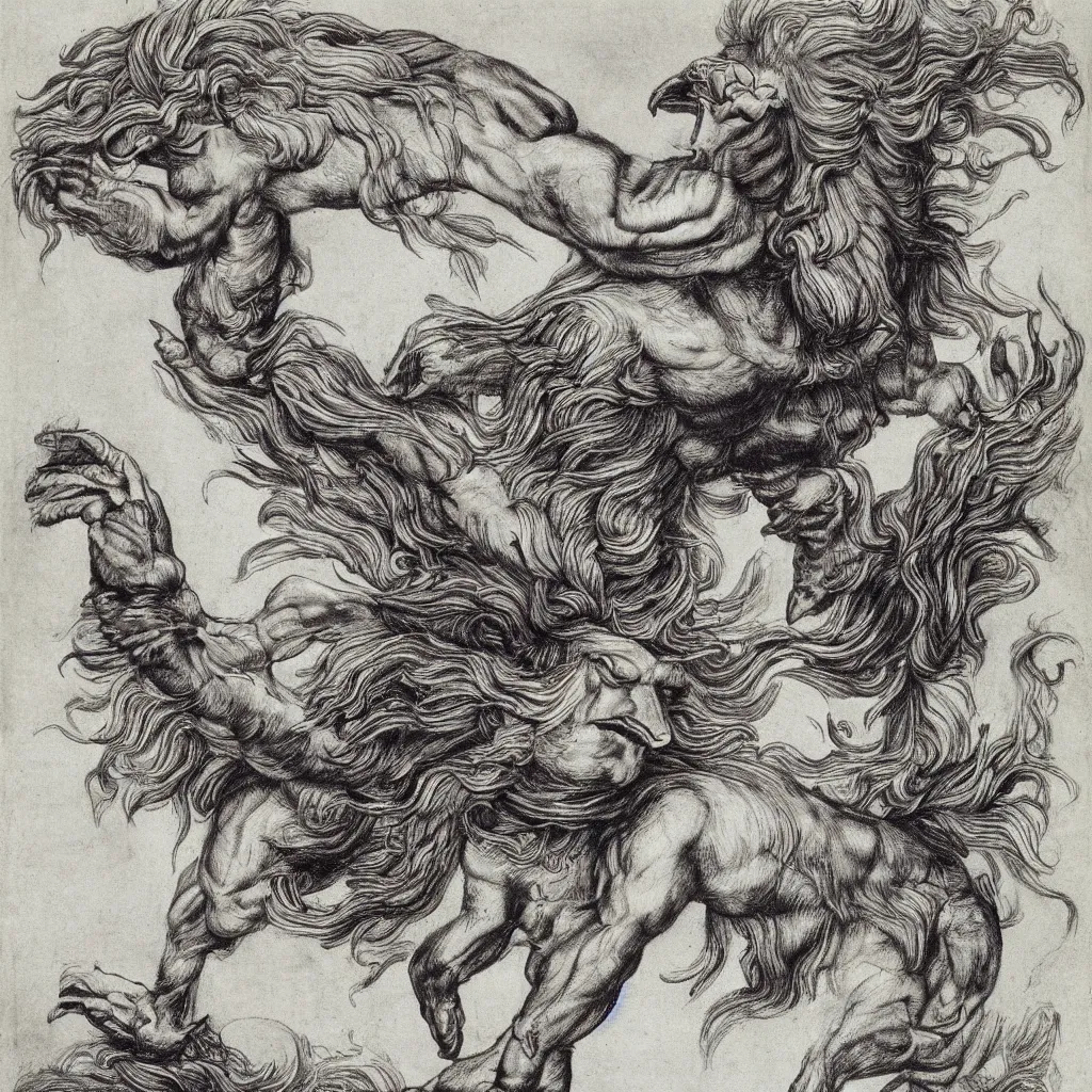 Image similar to human / eagle / lion / ox hybrid. horns, beak, mane, human body. drawn by da vinci