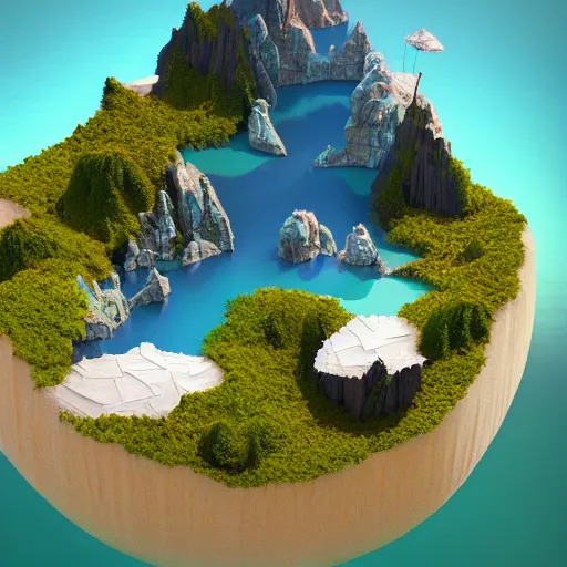 Image similar to a floating island on an aquatic environment isometric art, lago de sorapis landscape, low poly art, game art, artstation, 3D render, high detail, cgsociety, octane render