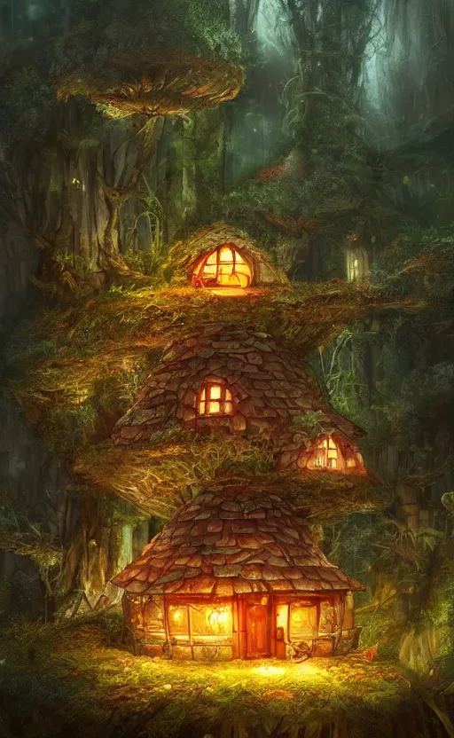 Image similar to a mushroom house in the middle of a forest at night, the lights are on, dynamic lighting, photorealistic fantasy concept art, trending on art station, stunning visuals, creative, cinematic, ultra detailed