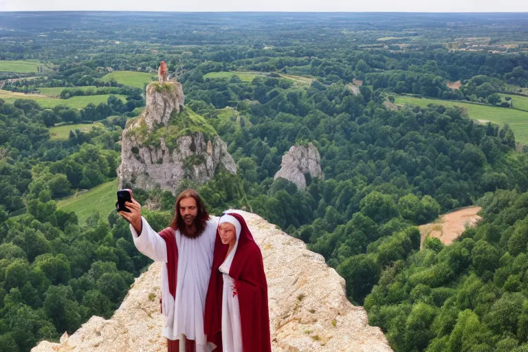 Image similar to selfie from a mobile phone of jesus and mary magdalene standing on a cliff looking over a beautiful landscape in france, rennes - le - chateau, award winning photo, very detailed, very realistic cinematic