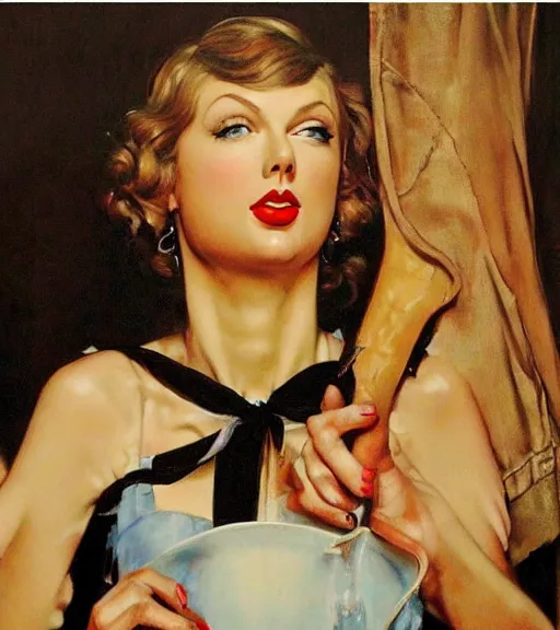 Image similar to taylor swift as a housewife hiding a dark secret, norman rockwell painting, detailed