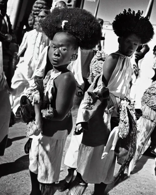 Image similar to Award winning reportage photo of Monegasque Natives with incredible hair wearing traditional garb by Garry Winogrand and Dian Arbus, 85mm ND 5, perfect lighting, gelatin silver process