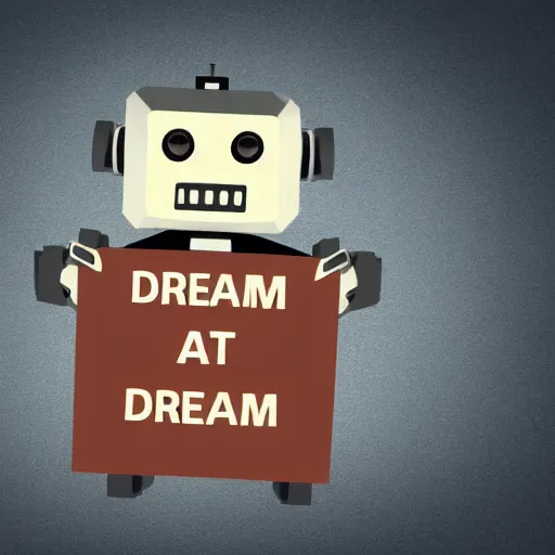 Image similar to artificial intelligence robot holding a sign with text that reads : dream