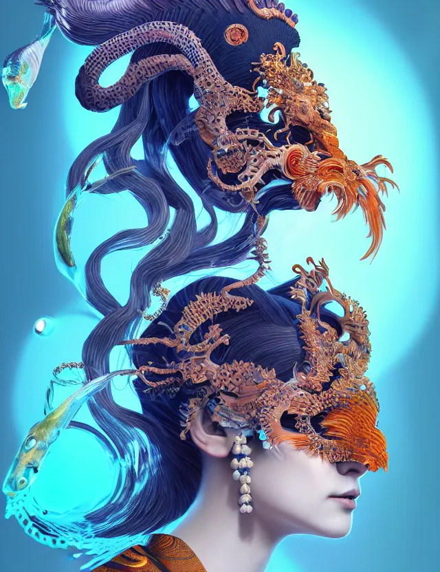 Image similar to 3 d goddess close - up profile portrait with crown, ram skull. beautiful intricately detailed japanese crow kitsune mask and clasical japanese kimono. betta fish, jellyfish phoenix, bio luminescent, plasma, ice, water, wind, creature, artwork by tooth wu and wlop and beeple and greg rutkowski