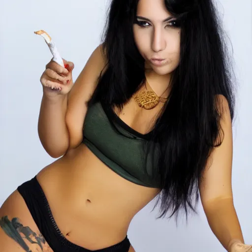Image similar to photo of hot curvy spanish clothed latina cuban college girl with black hair smoking weed