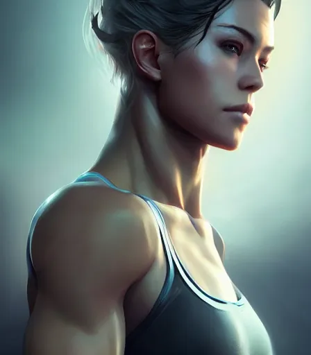 Prompt: beautiful portrait of a gorgeous personal trainer who looks like Quiet Metal gear solid , character design by charlie bowater, ross tran, artgerm, and makoto shinkai, detailed, soft lighting, rendered in octane