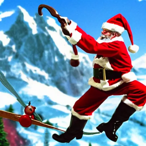 Prompt: Santa clause shooting an elf out of a slingshot across the mountains