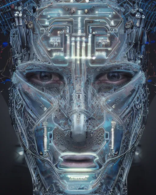 Image similar to a portrait of a human with half skin half cybernetic circuit boards, scifi, smooth, intricate sci fi panels made of metal, metal covered in chipped paint, military symbols on metal, elegant, highly detailed panel cuts, greeble detail, beveled edges, chamfer, caustics and refraction, neon glowing eyes, digital painting, artstation, concept art, high tech fantasy, sharp focus, illustration, art by marco plouffe arstation and guerilla games