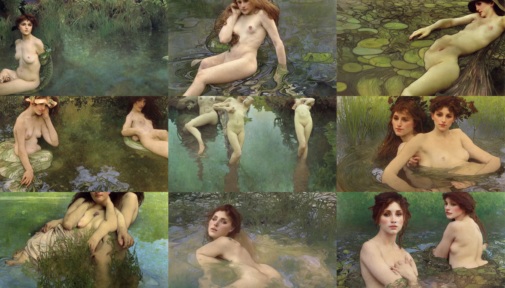 Image similar to hyperrealist portrait in a river, half body, green water algae by alphonse mucha and lucian freud and bouguereau, fog, very detailed faces