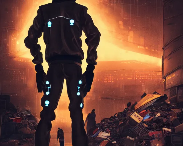 Image similar to detailed portrait neon guard man with short brown hair seen from the back, cyberpunk futuristic, reflective puffer jacket, black leggings, decorated with traditional ornaments in front of a dystopian crowd with piles of garbage perfect face, fine details, realistic shaded, fine - face, pretty face by rossdraws