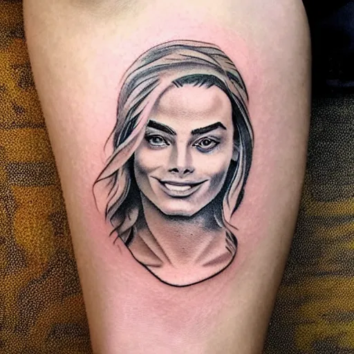 Image similar to face morph tattoo design sketch of margot robbie blended in beautiful mountain scenery, in the style of arlo dicristina, amazing detail