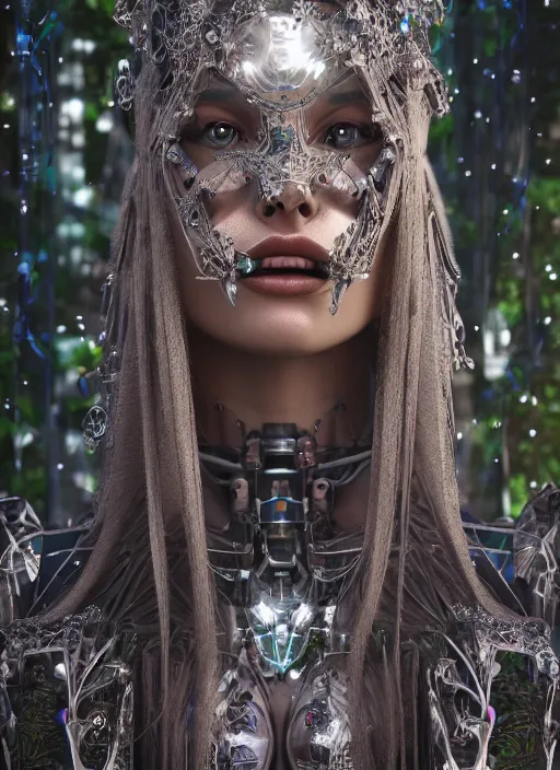 Image similar to beautiful female robot covered by plants and crystals in the mystical forest, beautiful symmetrical face, chrome parts, opal crystals, renaissance style, cyber punk, sci - fi, filigree jewellery, baroque, cinematic light, mystical shadows, 8 k, octane render