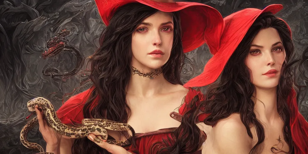 Prompt: red hat wizard woman with snakes in her dark hair, hydra, deep focus, intricate, elegant, highly detailed, photorealistic rendering, sharp focus, illustration, hearthstone, art by artgerm and greg rutkowski and alphonse mucha