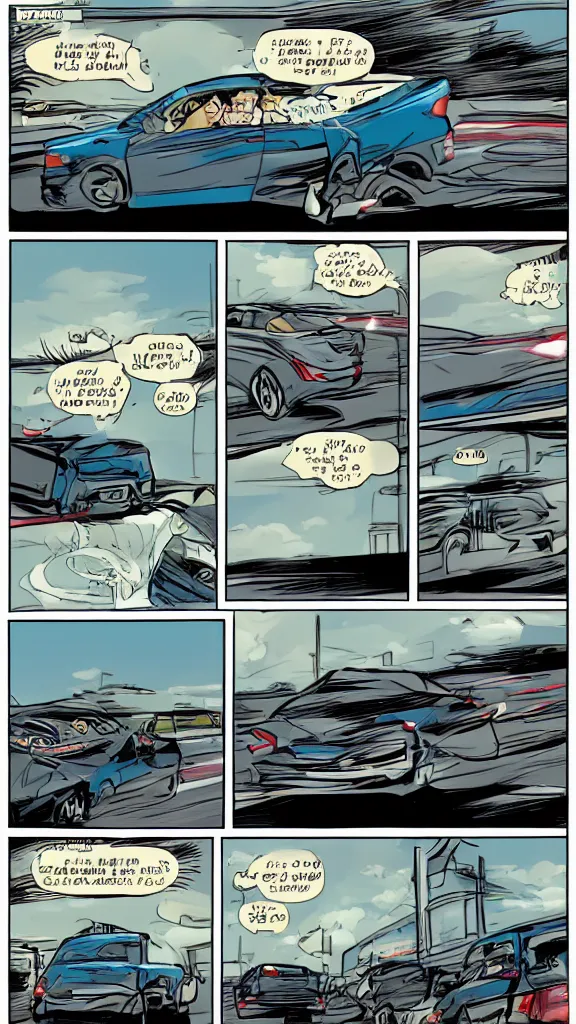 Image similar to comic book style page with three images: one of a car driving at high speed with view from far away on the highway,a second view from behind the wheel of said car, and that last one of the car crashing into a toll station