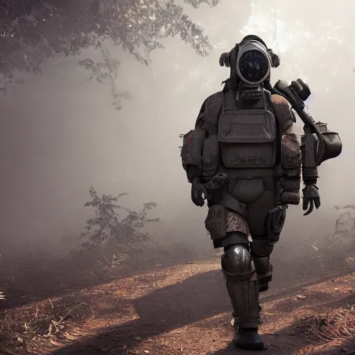 Prompt: a heavily armored man wearing a gasmask, walking through a lush jungle, realistic octane render, ray traced, god rays, extremely high detail