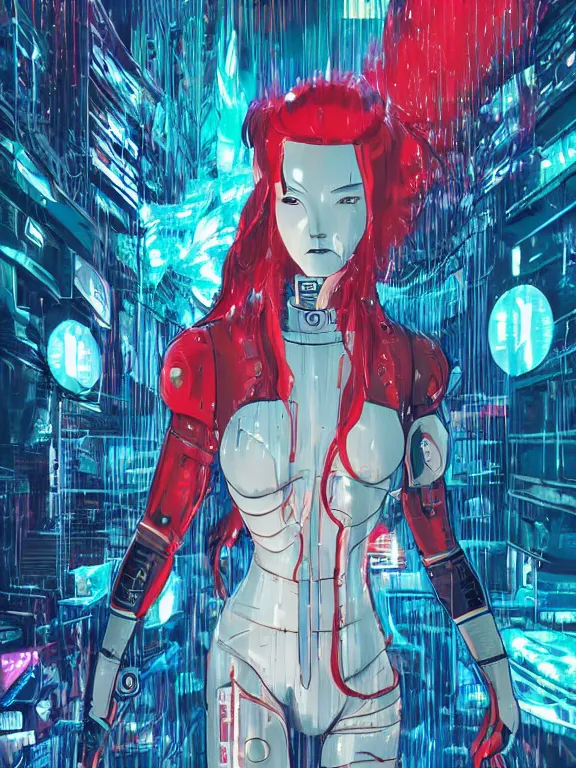 Image similar to a futuristic female geisha warrior, red hair made out of water, blade runner, akira, ghost in the shell, 2077, style of Laurie Greasley and Satoshi Kon + symmetric lights and smoke, psychedelic effects , glowing particles, neon rain, glowing runes, de-noise, symmetrical composition, high detailed + tarot card, ornate border, 8k,