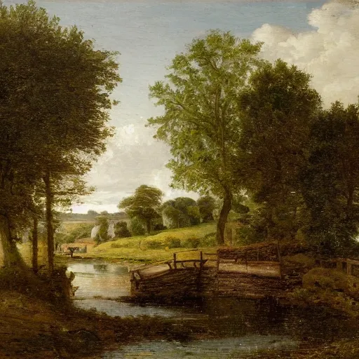 Image similar to Hay Wain, rural scene of a waterwheel on the Herper River. Oil on canvas, 1821, by Lewis Fowler