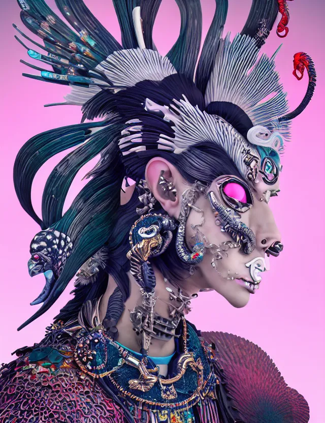 Image similar to 3 d goddess close - up profile portrait punk with mohawk with ram skull. beautiful intricately detailed japanese crow kitsune mask and clasical japanese kimono. betta fish, jellyfish phoenix, bio luminescent, plasma, ice, water, wind, creature, artwork by tooth wu and wlop and beeple and greg rutkowski