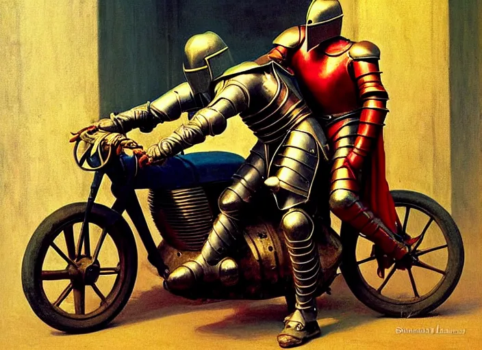 Prompt: attractive knight and his attractive male knight, they are in love sitting on a motorcycle, rome, highly detailed, soft lighting, elegant, works by gaston bussier, edward hopper and james gillard, zdislaw beksinski, stephen outram, andreas m wiese, highly detailed