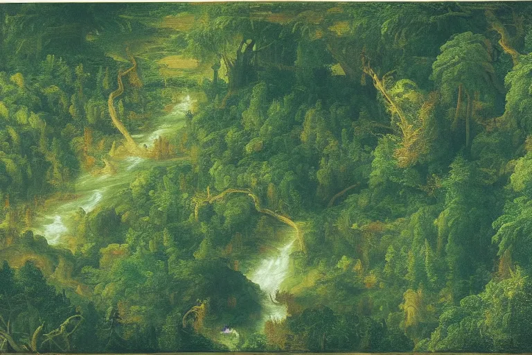 Image similar to top down view of lush pine forest, many witch houses, river flowing through the forest by thomas cole by justing gerard