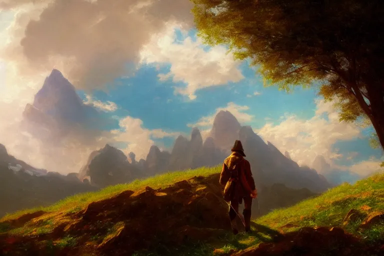 Prompt: a traveler wandering trough the mountains looking at the clouds, very detailed, oil painting, cinematic lighting, neo-romanticism, albert bierstadt, trending on artstation, colorful