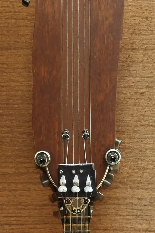 Prompt: a steampunk six string acoustic guitar fretboard